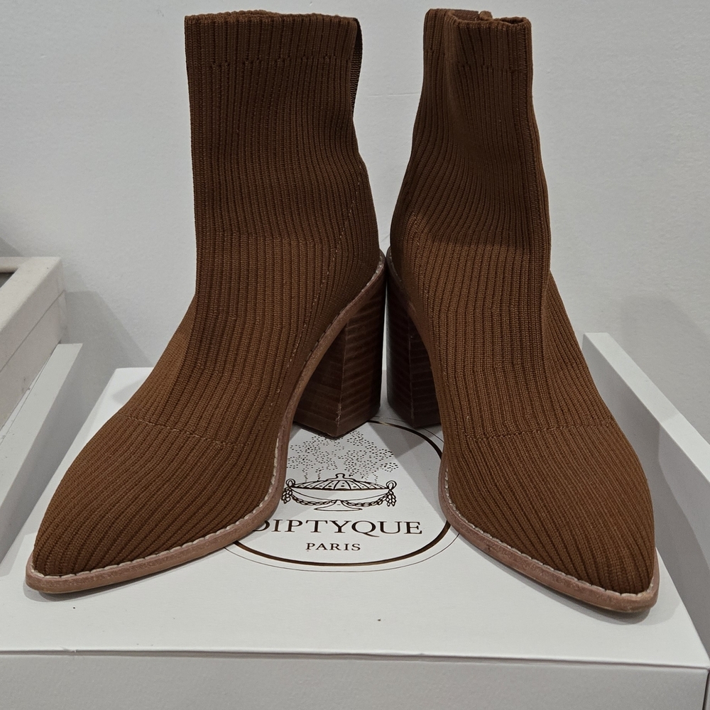 Brown Ribbed Sock Booties with Block Heel